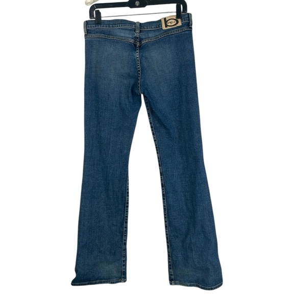bebe Vintage Mid Rise Flare Leg Denim Jeans USA SZ 30 Tan Suede Back Logo Y2k - Picture 2 of 16
